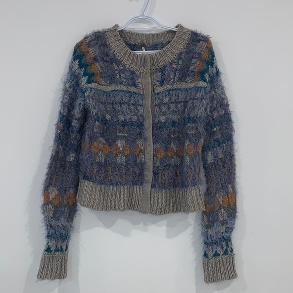 FREE People Blue Wool Alpaca Nordic Party Fuzzy Cardigan Size Medium - Picture 3 of 12